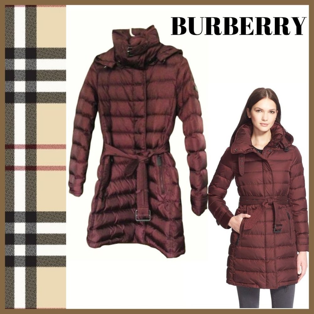 BURBERRY BRIT WINTERLEIGH BORDEAUX BURGUNDY DOWN PUFFER MID LENGTH COAT XS-S